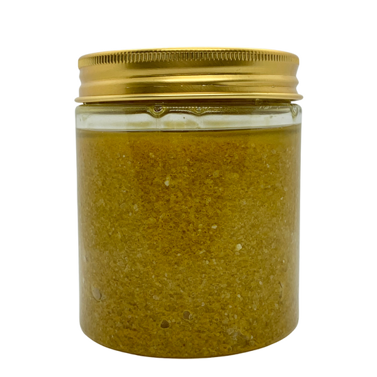 A jar of With Hemp & Love's Golden Goddess Sea Salt Body Scrub 