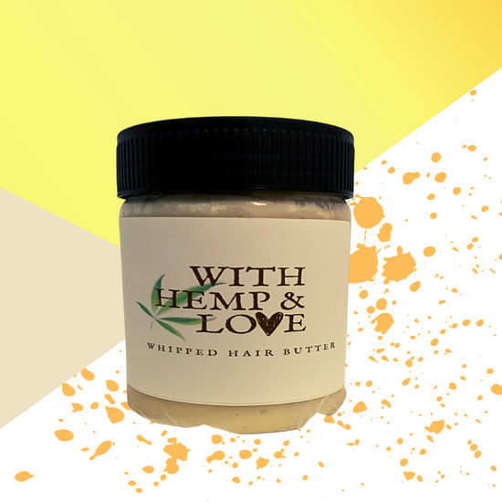 A jar of With Hemp & Love's Whipped Hair Butter with a multicolored background